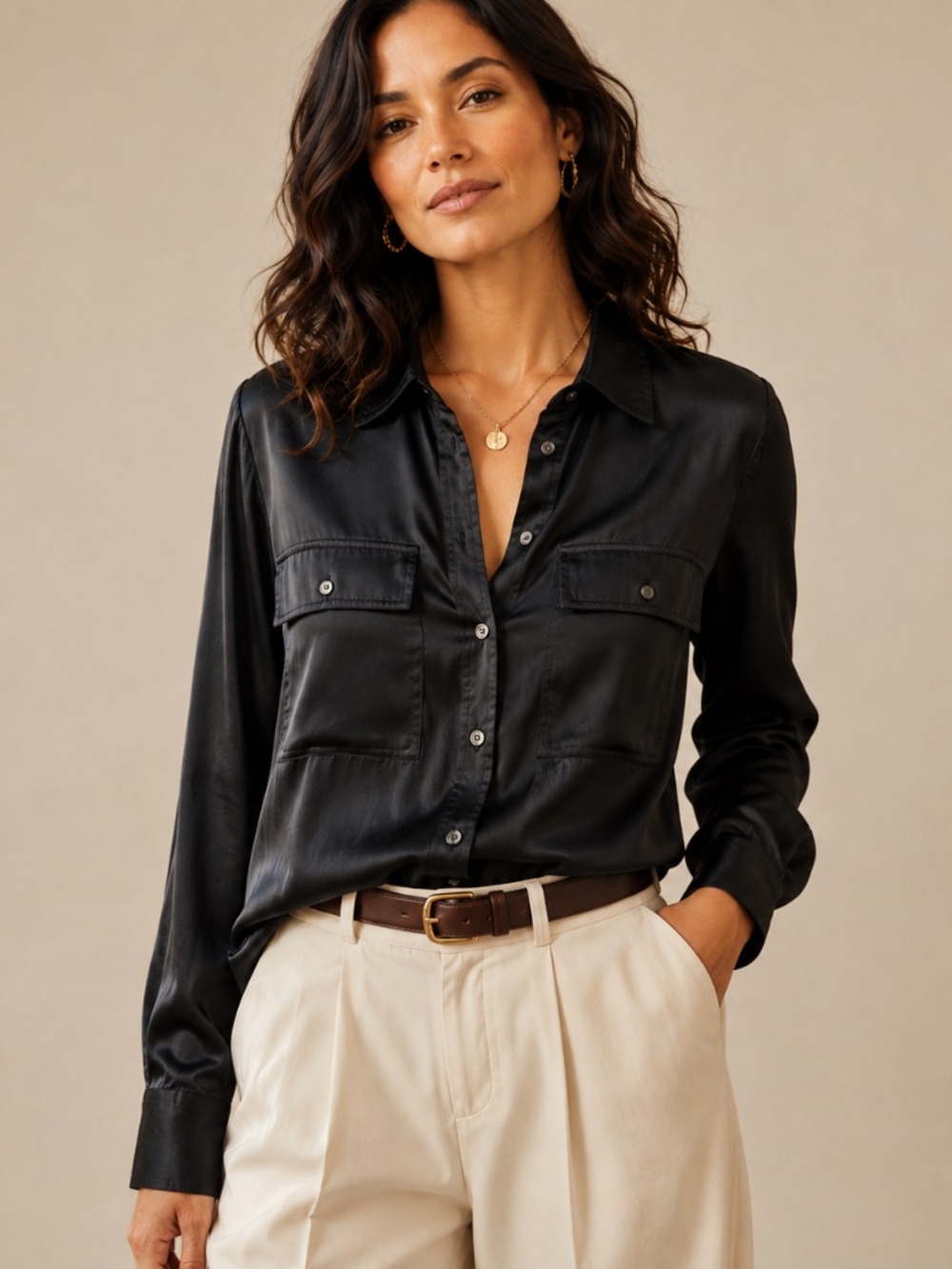 Minimalist Banana Republic Dillon Satin Utility Shirt Black Small